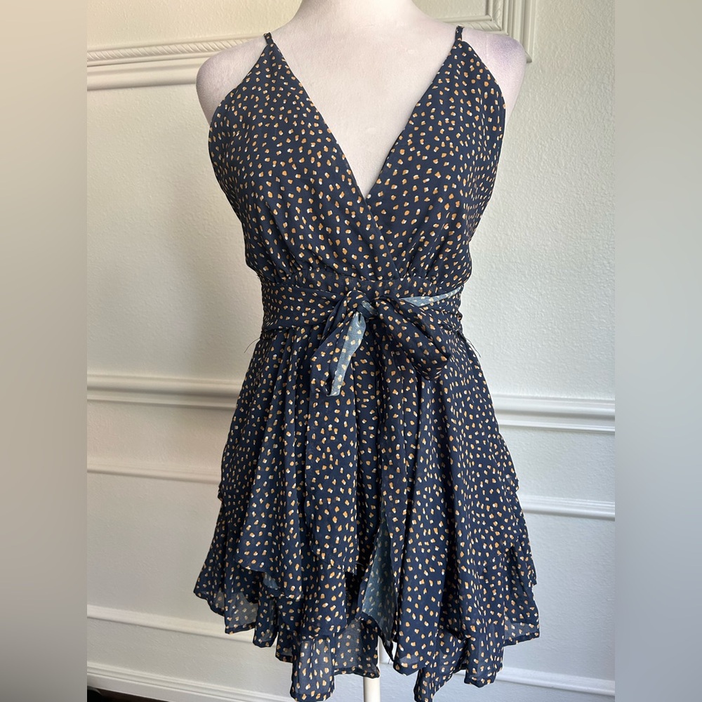 Goodnight Macaroon Navy Polka Dot Wrap Tiered Ruffle Skort Romper, Size L